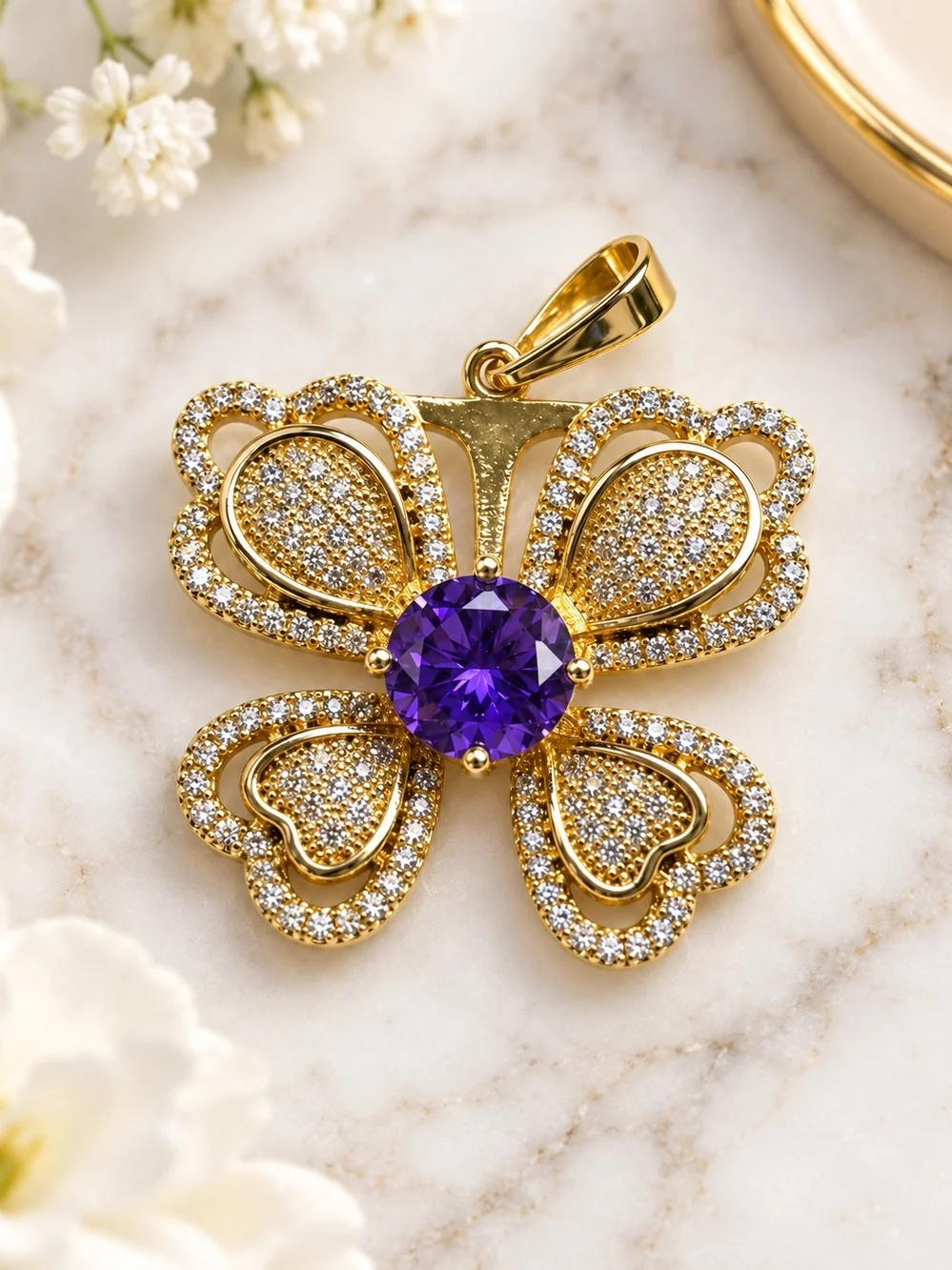 14k. Laminated Gold Clover Pendant with Purple Gem